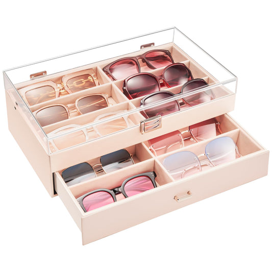 ProCase 12 Slots Acrylic Clear Top Sunglass Organizer 2 Layers Eyeglasses Case Multi Pairs Storage Eyewear Display Holder with Transparent Lid and Drawer -Champagne