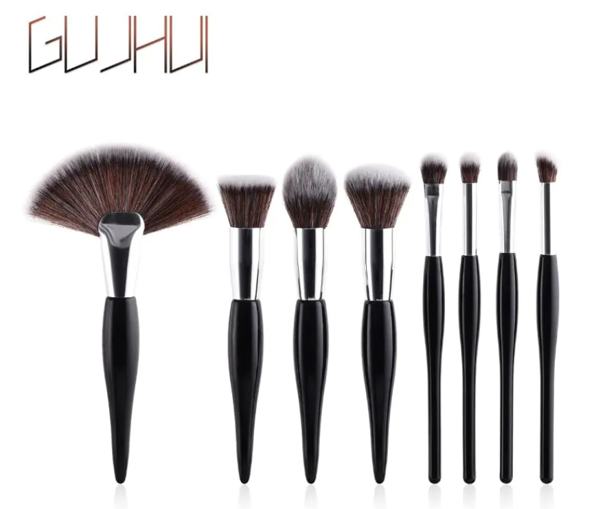 8-Piece Makeup Brush Set with Black Handle/Silver Tubes